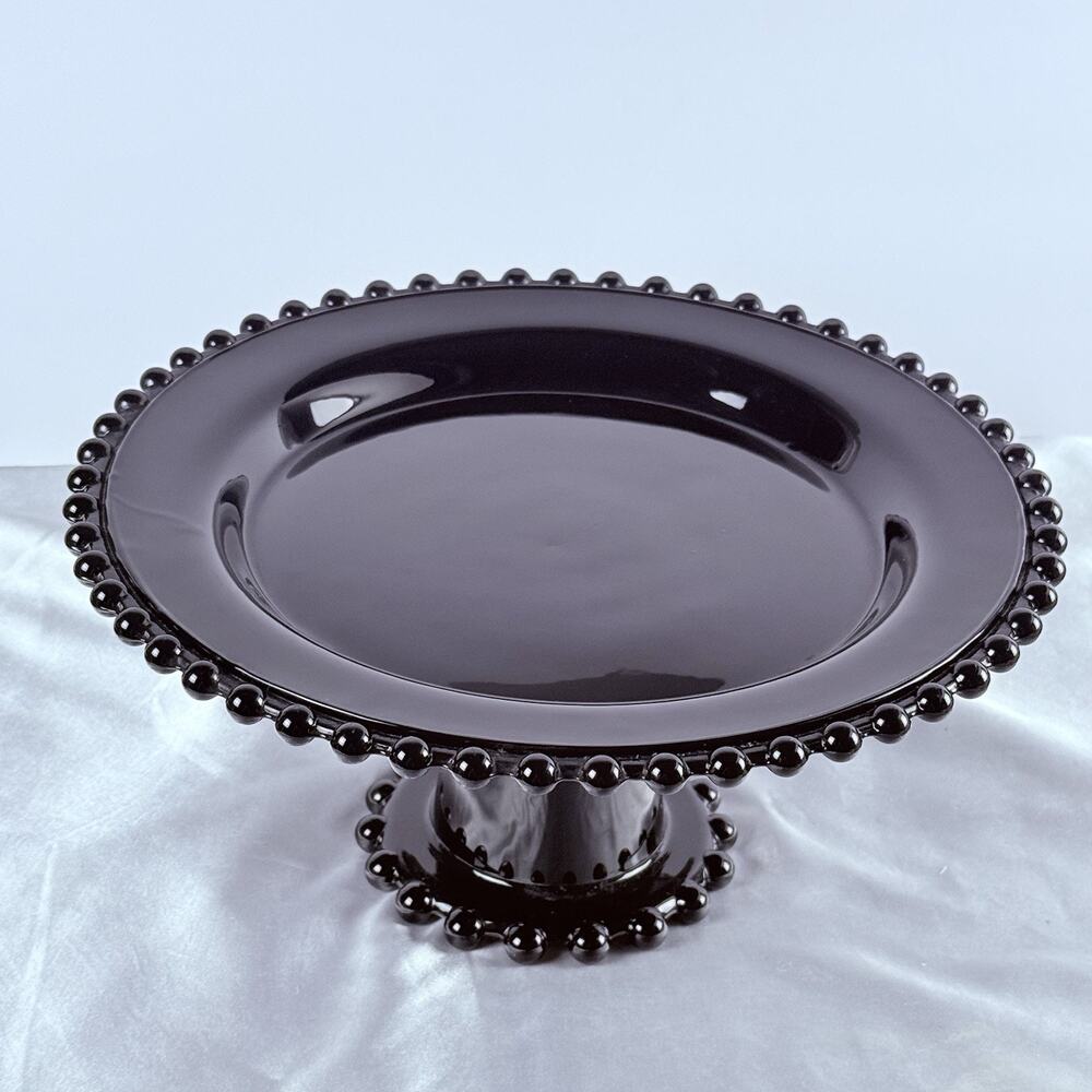 Vintage Black Glass Candlewick Cake Stand Tidbit Desert Cupcake Display Pedestal